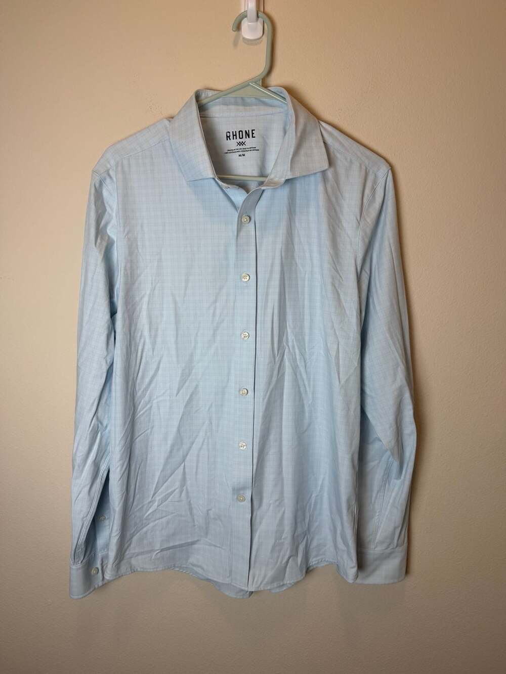 Rhone Button Down Shirt Size M Light Blue Grid Pattern